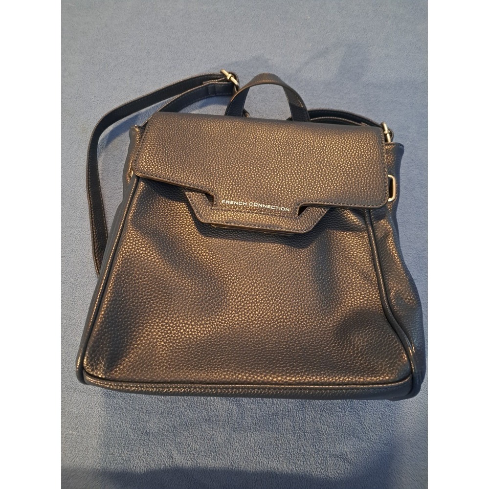 French Connection Blue Pebbled Vegan Leather Backpack Gold Chain Detail Bag
